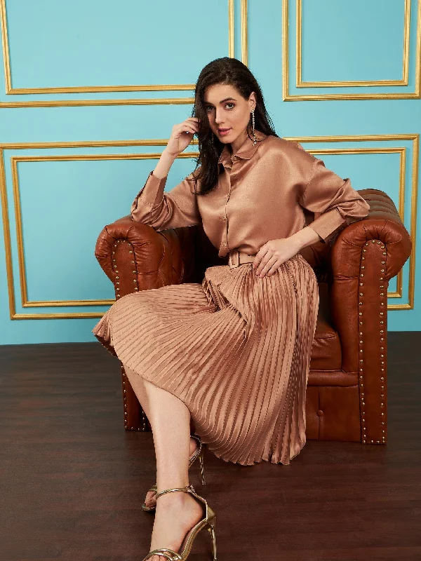 Lyush Women Brown Satin Pleated Midi Skirt mini skirt trendy