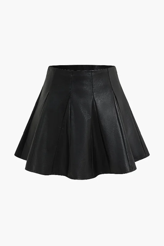 Solid Faux Leather Ruched Skirt denim skirt casual