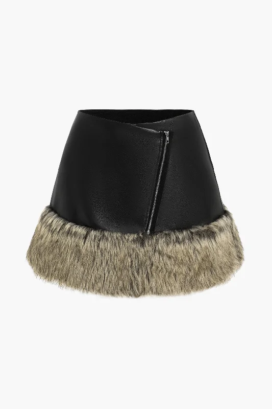 Faux Leather Patchwork Fur Skirt chiffon skirt floaty