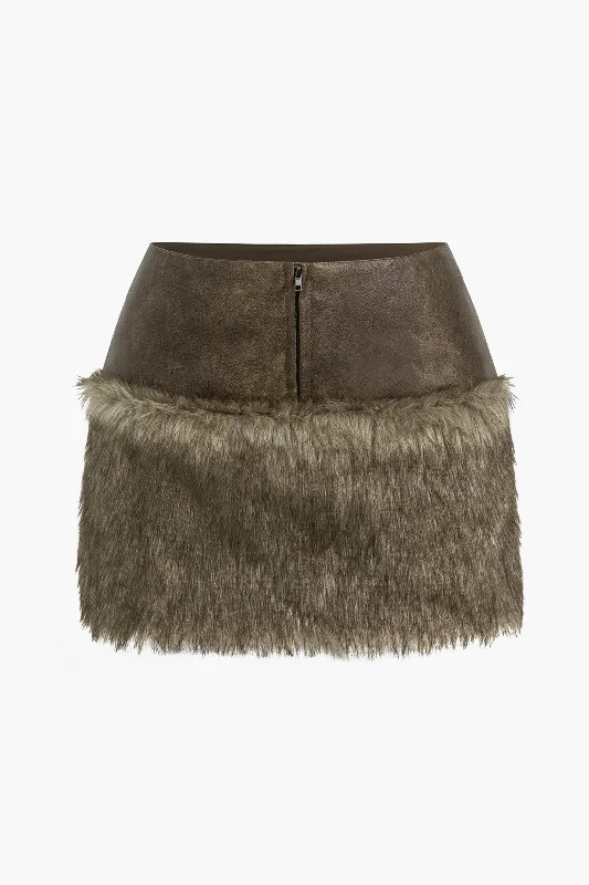 Faux Leather Patchwork Zipper Skirt cashmere skirt plush