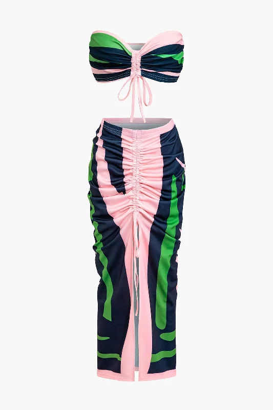 Contrast Ruched Slit Skirt Set lace skirt delicate