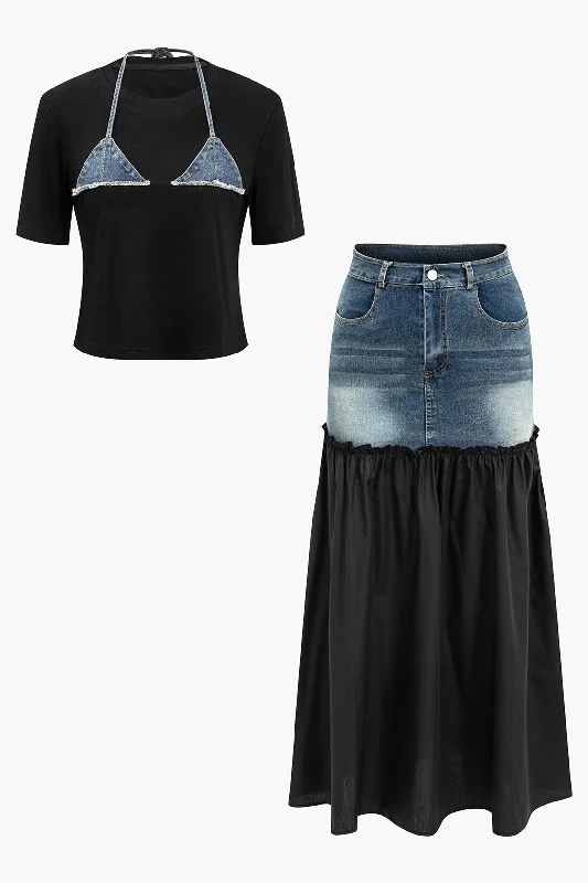 Denim Patchwork T-shirt And Skirt Set denim skirt durable