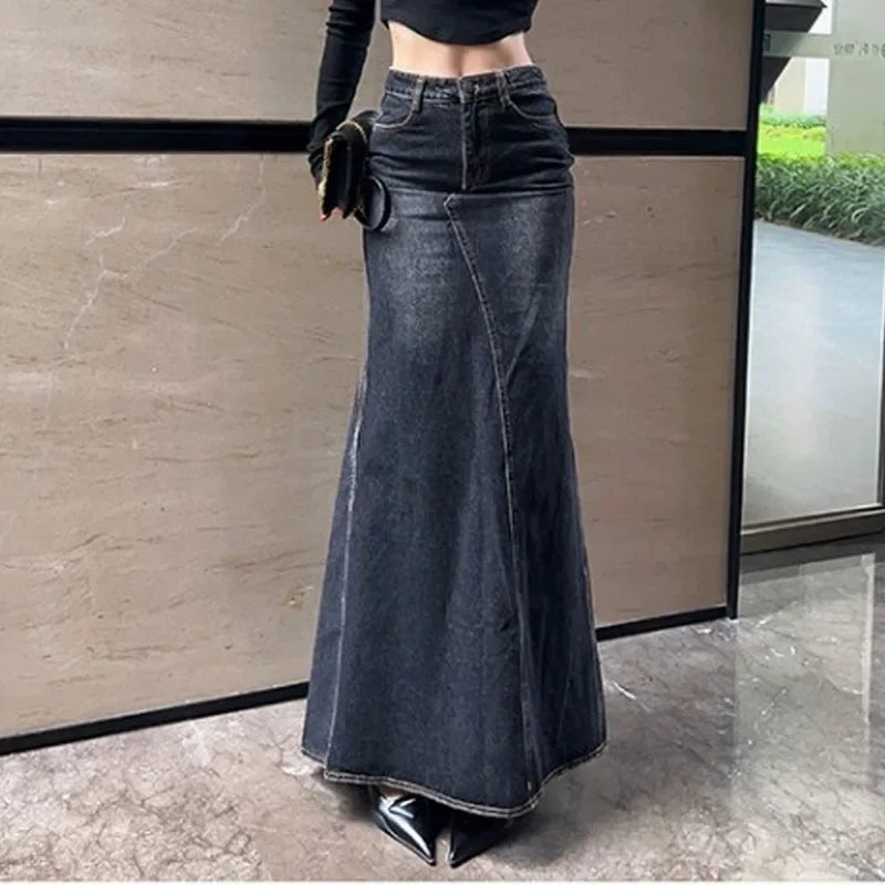 New Autumn Winter Hip-hugging Denim Long Skirt Bottom tiered skirt playful