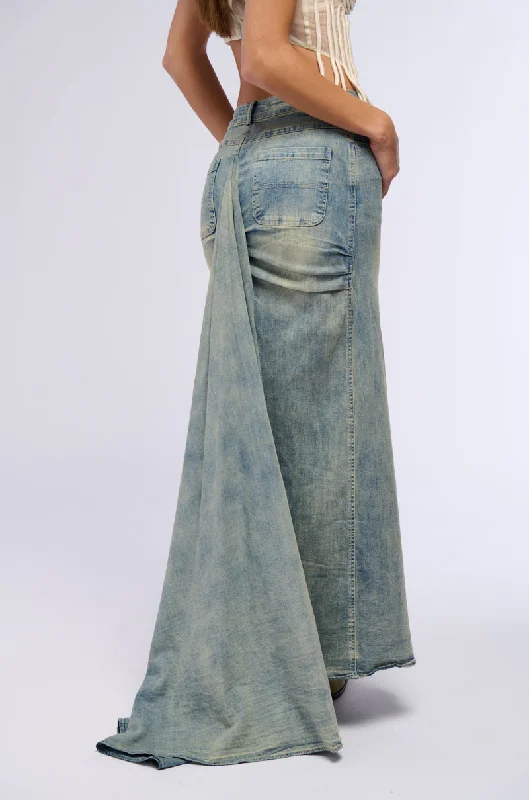 OH THE DRAMA DENIM MAXI SKIRT WITH TRAIN spandex blend skirt