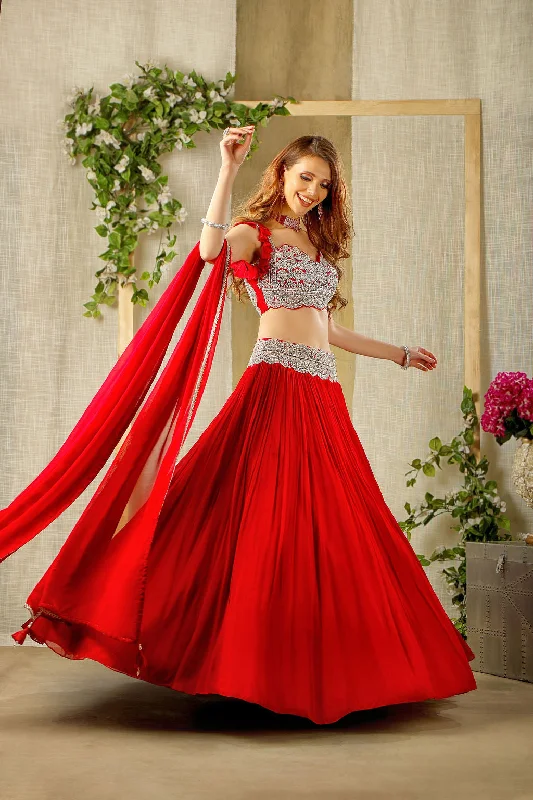 Elegant Red embroidered top and skirt asymmetrical skirt cut