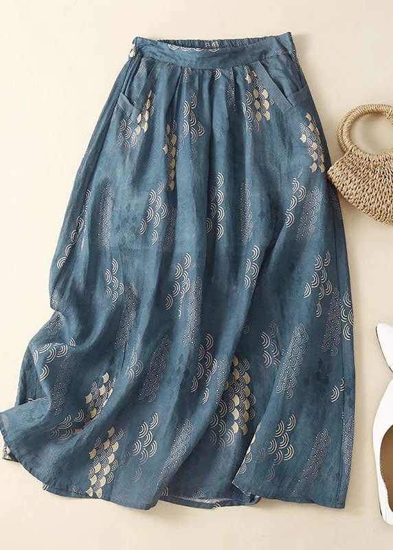 Stylish Blue Wrinkled Print Patchwork Linen Skirt Summer silk skirt luxurious