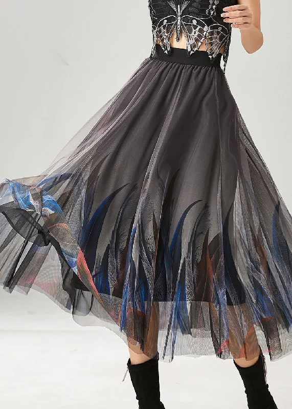 Stylish Grey Feather Print Tulle Skirts Summer relaxed fit skirt