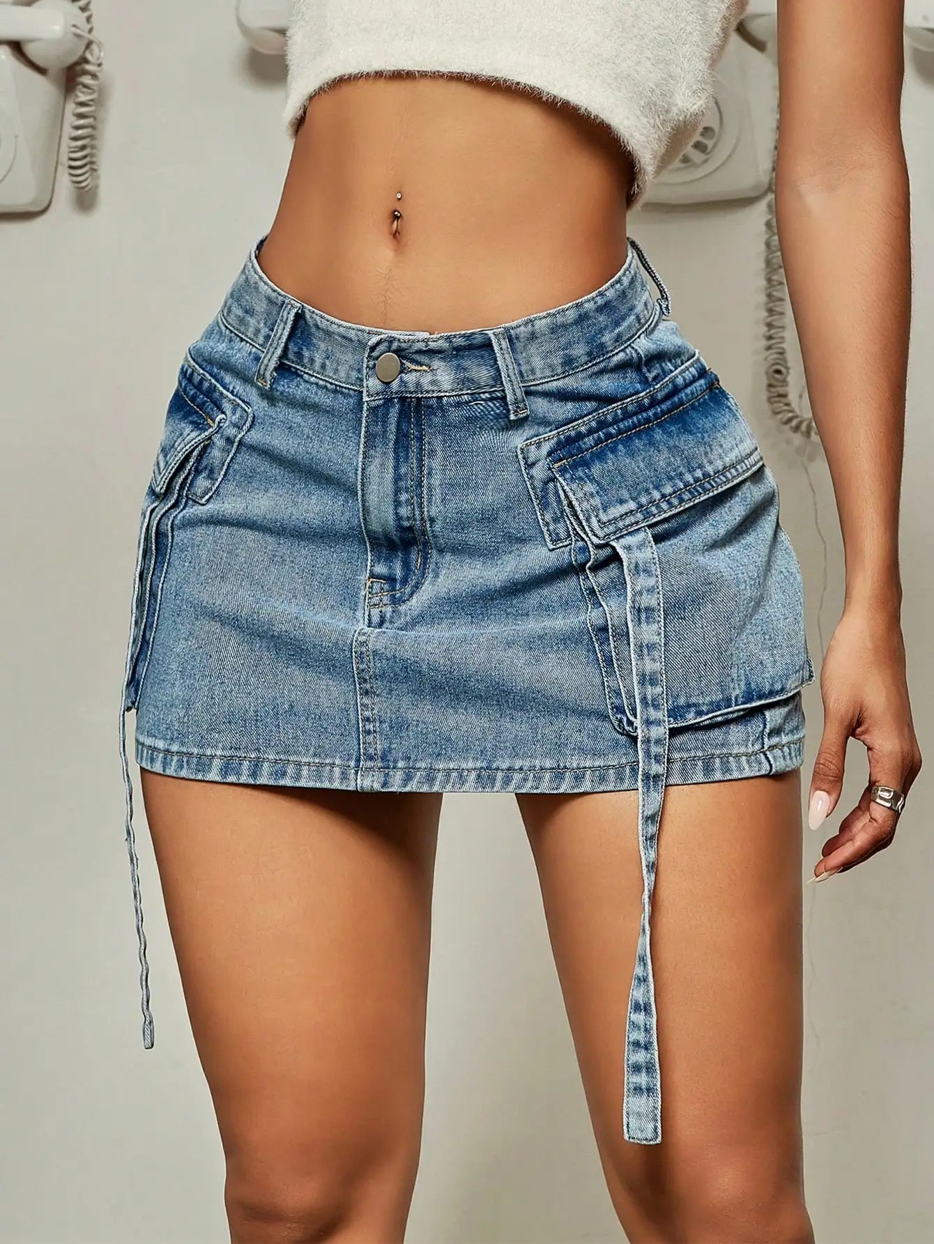 Trendy Street Tooling Style Flap Pocket Slim Workwear Denim Skirt velvet skirt sumptuous
