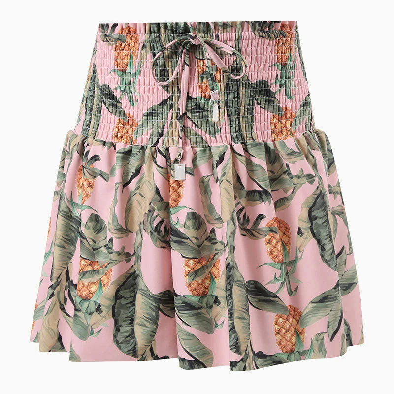 Tropical Leaf Ruffle High Waist Drawstring Bow Tie Smocked Mini Skort Cover Up chiffon skirt airy