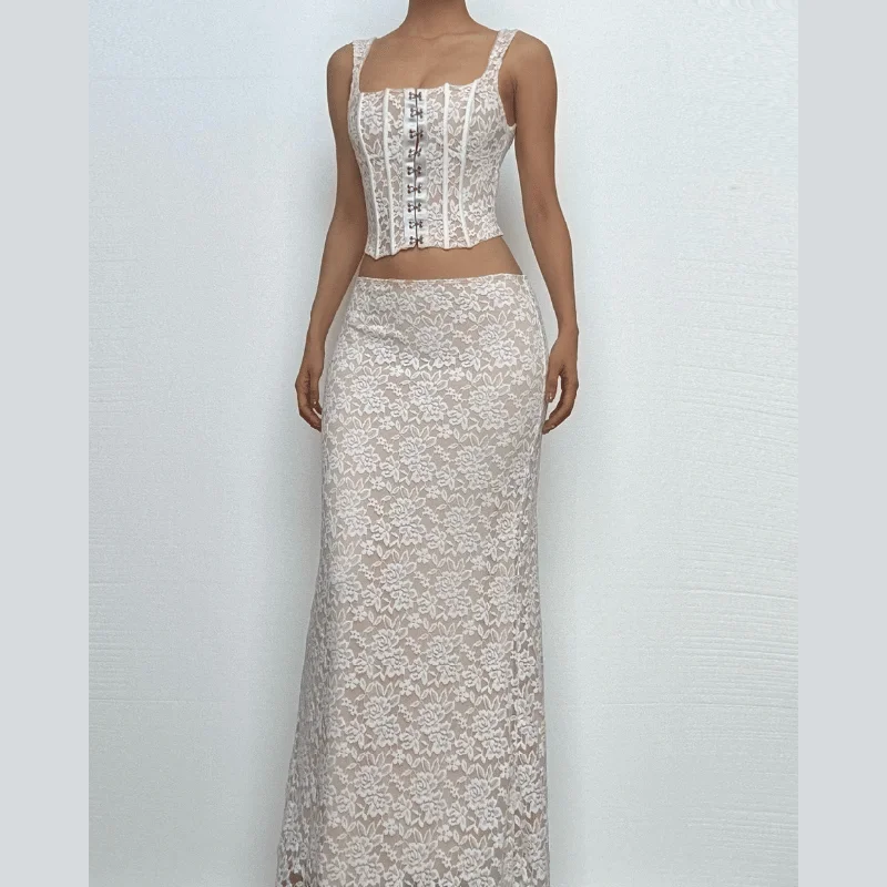 U neck lace bustier button cami maxi skirt set wool skirt warm