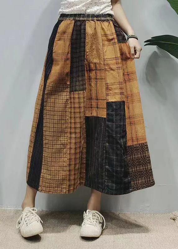 Vintage Colorblock Oversized Patchwork Plaid Linen A Line Skirts Summer linen skirt light