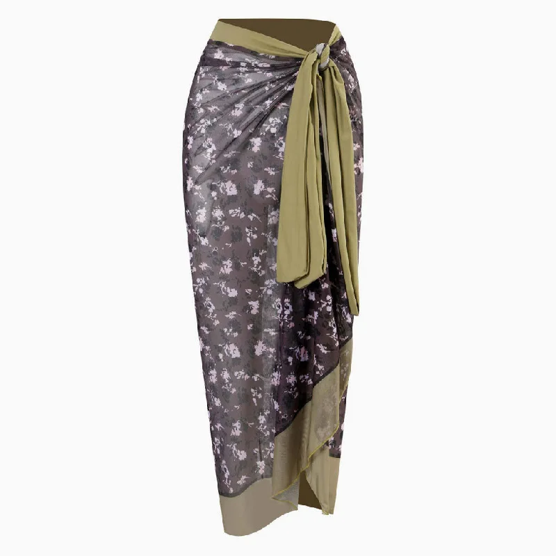 Vintage Floral Printed High Waist Bow Tie Chiffon Maxi Wrap Sarong Cover Up high waist skirt