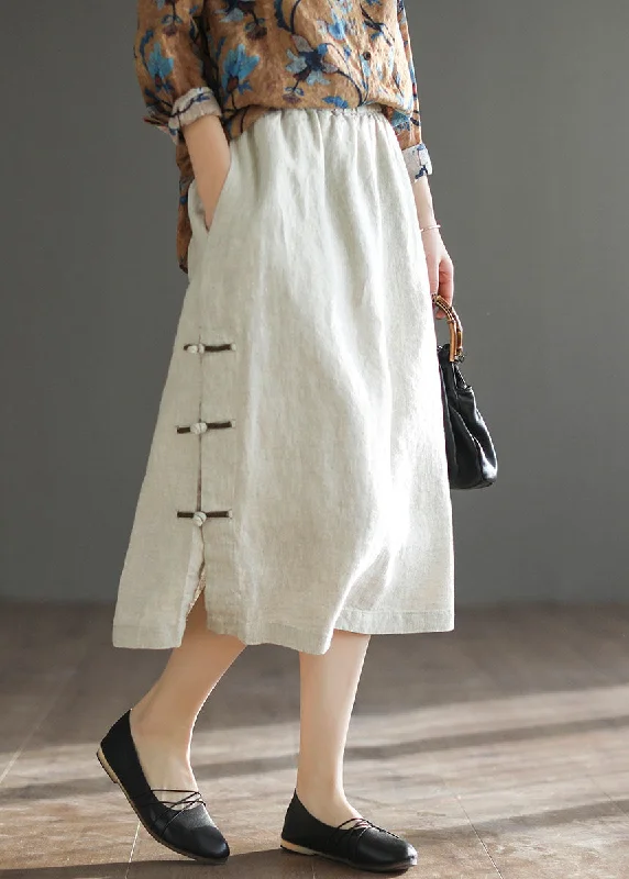 Vintage Linen Color Elastic Waist Side Open Oriental Button Linen Skirt Summer velvet skirt plush