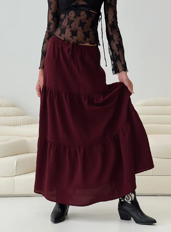 Whole Again Maxi Skirt Burgundy ribbed skirt waist