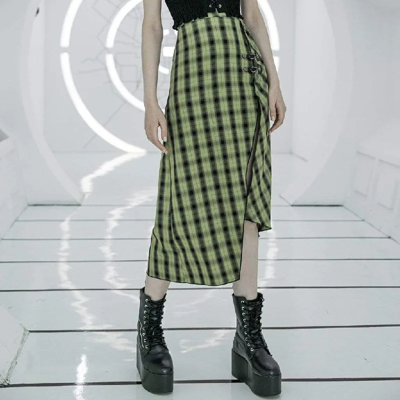 Women's Grunge High-waisted Green Plaid Side Slit Irrgular Skirts velvet skirt luxurious