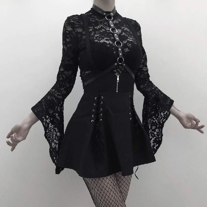 Women's Short Punk Skirt With Lacing velvet skirt glossy