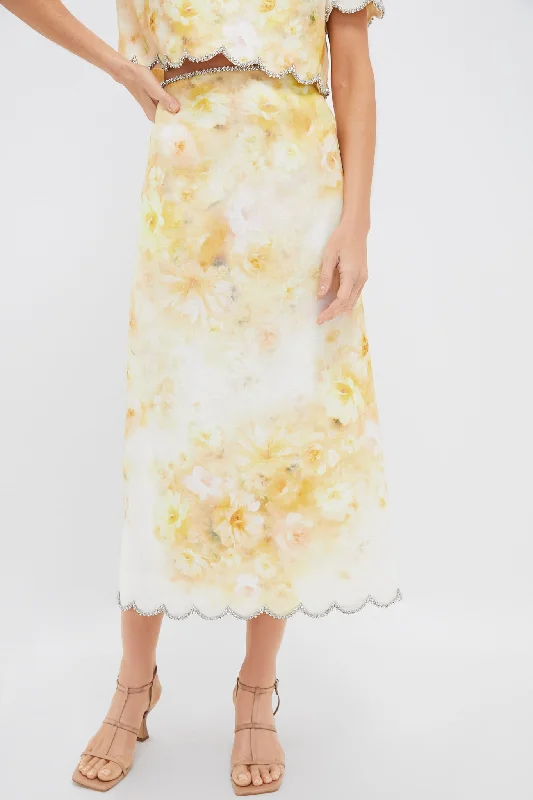 Yellow Floral Crush Scalloped Midi Skirt lace skirt intricate