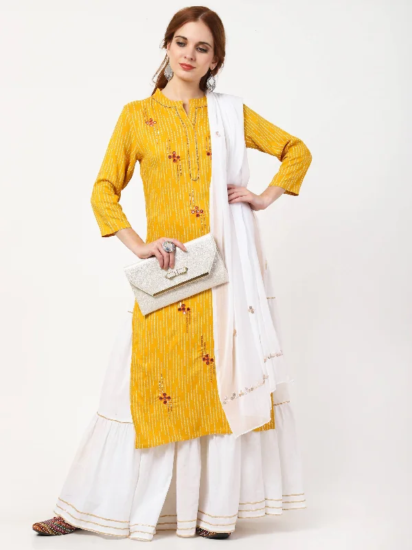 Women's Mustard Yellow & White Rayon Cotton Kurta Skirt & Dupatta Set - Cheera leather skirt durable