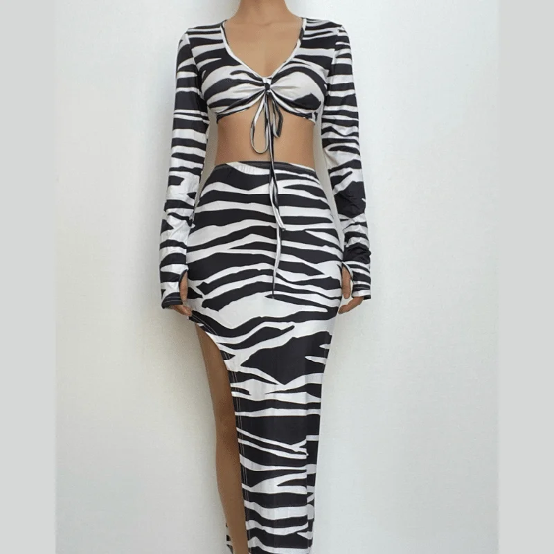 Zebra print self tie contrast long sleeve irregular slit maxi skirt set velvet skirt luxurious
